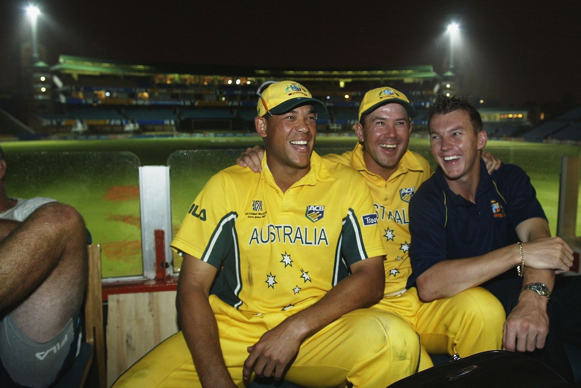 Andrew Symonds, Ricky Ponting and Brett Lee of Australia reflect on their win