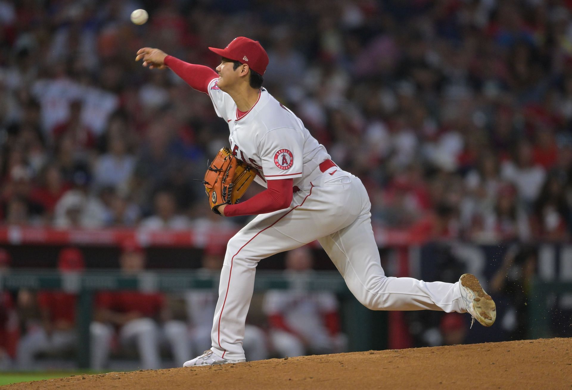 Shohei Ohtani pitches in the fifth inning against the Texas Rangers at Angel Stadium.