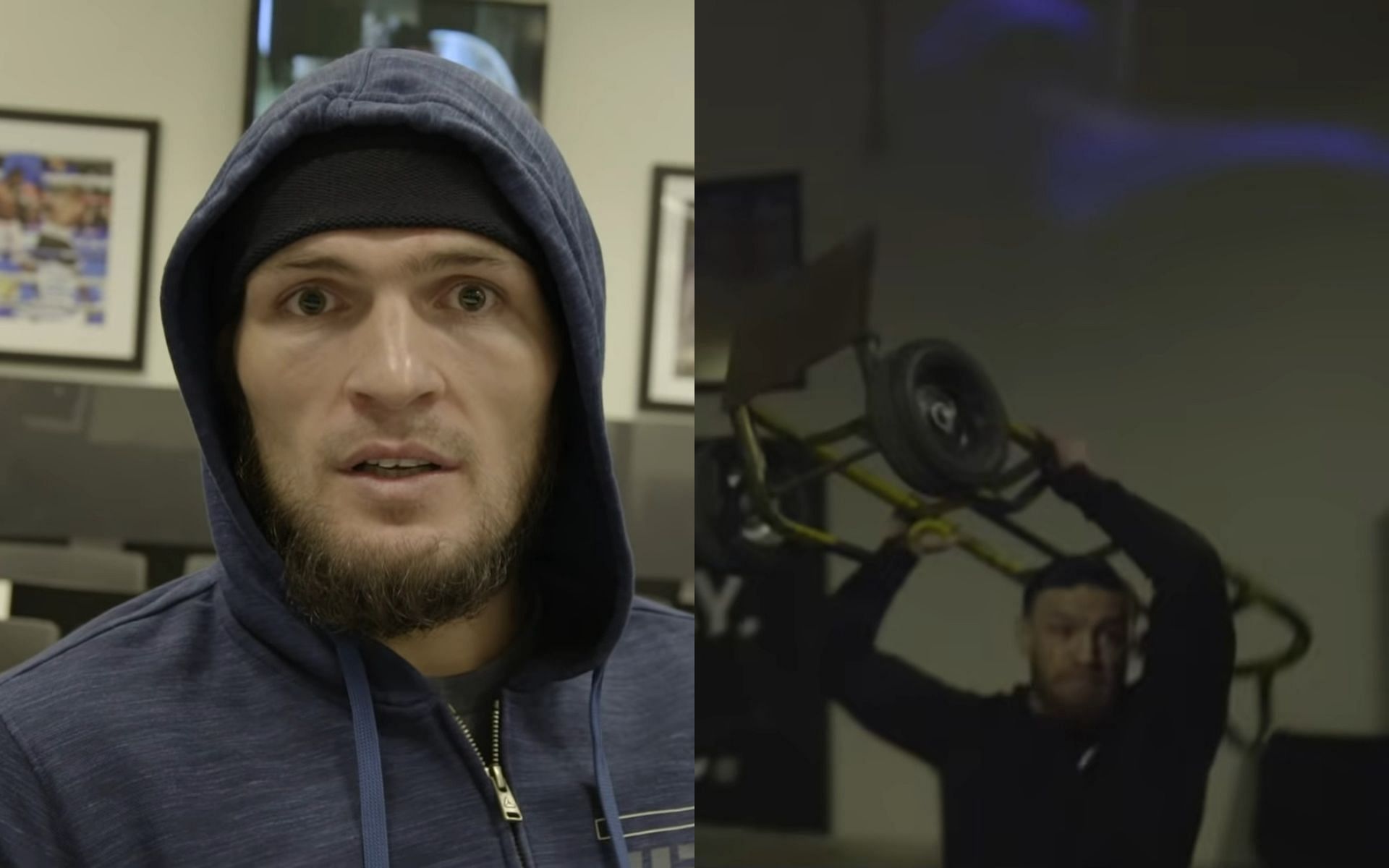 Khabib Nurmagomedov (left), Conor McGregor&#039;s infamous bus attack (right) [Images via AOAF and UFC on YouTube]