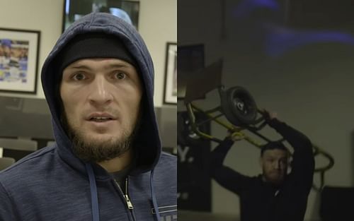 Khabib Nurmagomedov (left), Conor McGregor's infamous bus attack (right) [Images via AOAF and UFC on YouTube]