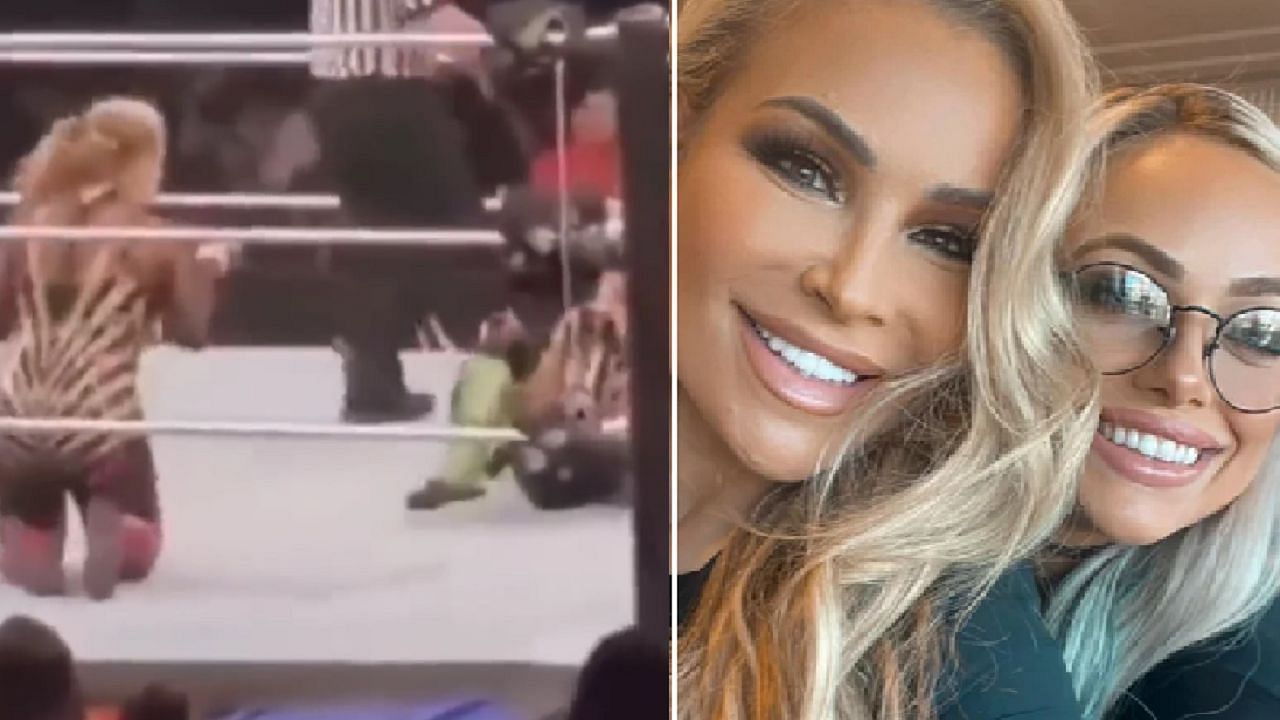 Natalya points her finger at Liv Morgan (left); Natalya and Morgan take a selfie (right)