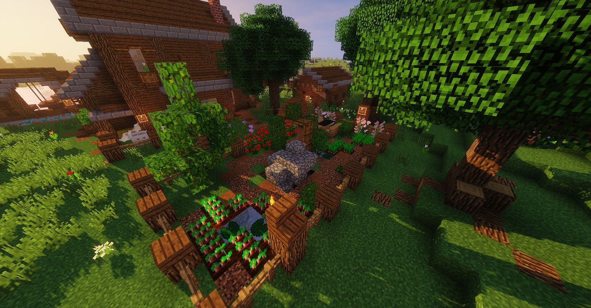 A rustic garden as seen with a shader applied (Image via Minecraft)