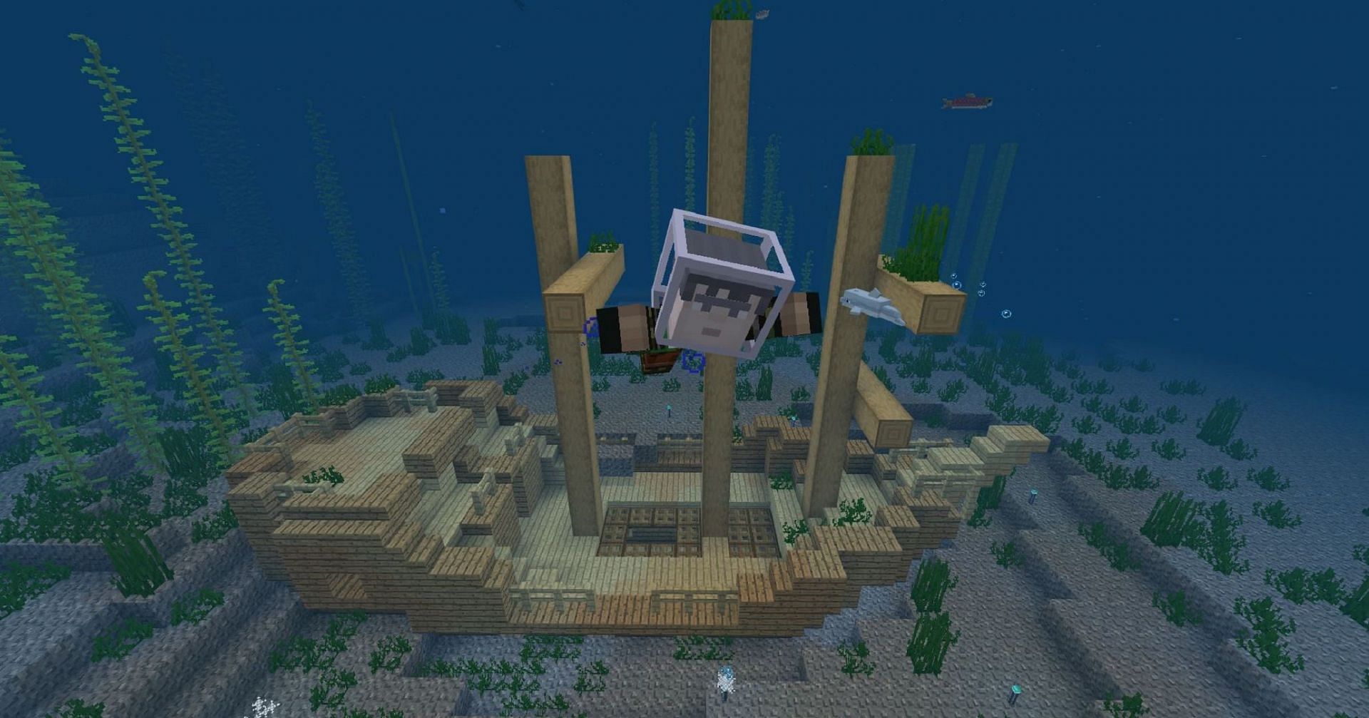 A player diving near a shipwreck in Minecraft: Education Edition (Image via Mojang)