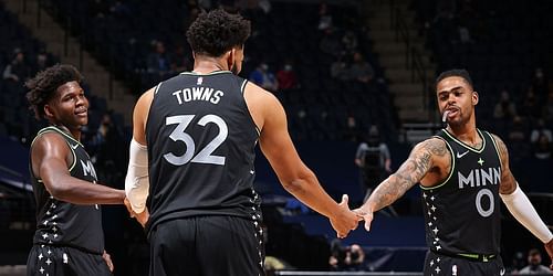 Anthony Edwards, Karl-Anthony Towns and D'Angelo Russell of the Minnesota Timberwolves (Photo: NBA.com)