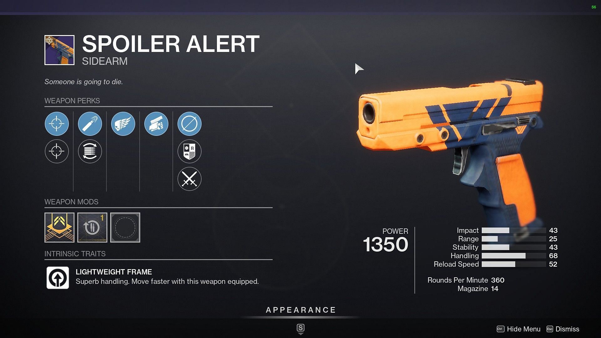 Spoiler Alert Sidearm god roll (Image via Destiny 2)