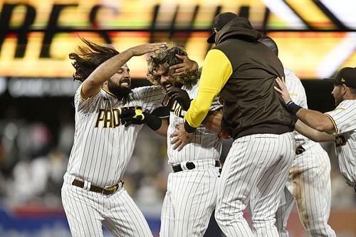 San Diego Padres celebrate a victory over the San Francisco Giants.