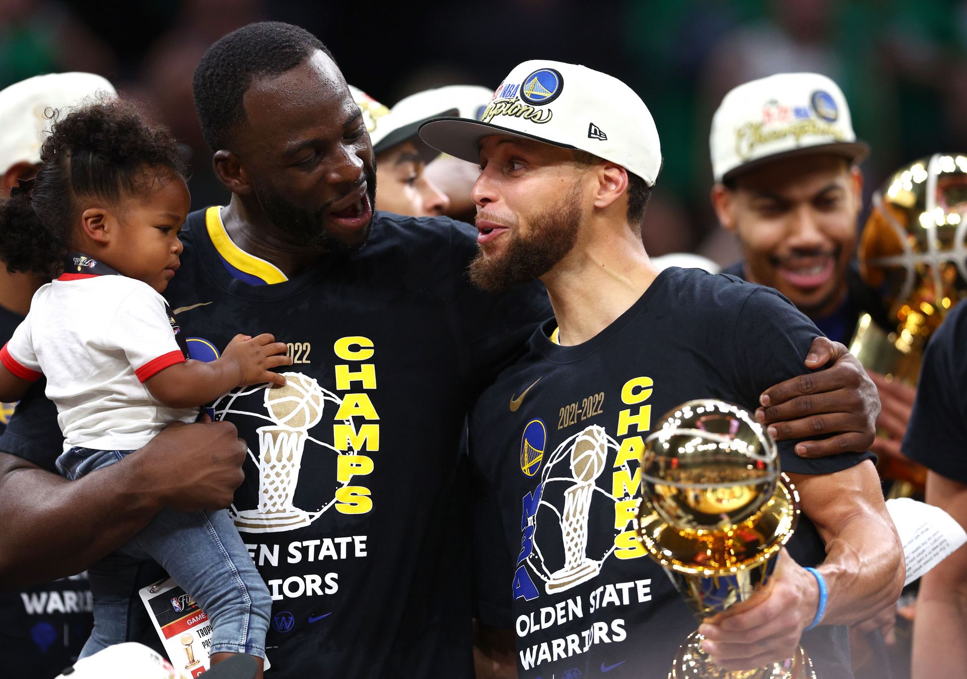 Draymond Green and Steph Curry celebrate after winning the 2022 NBA Finals