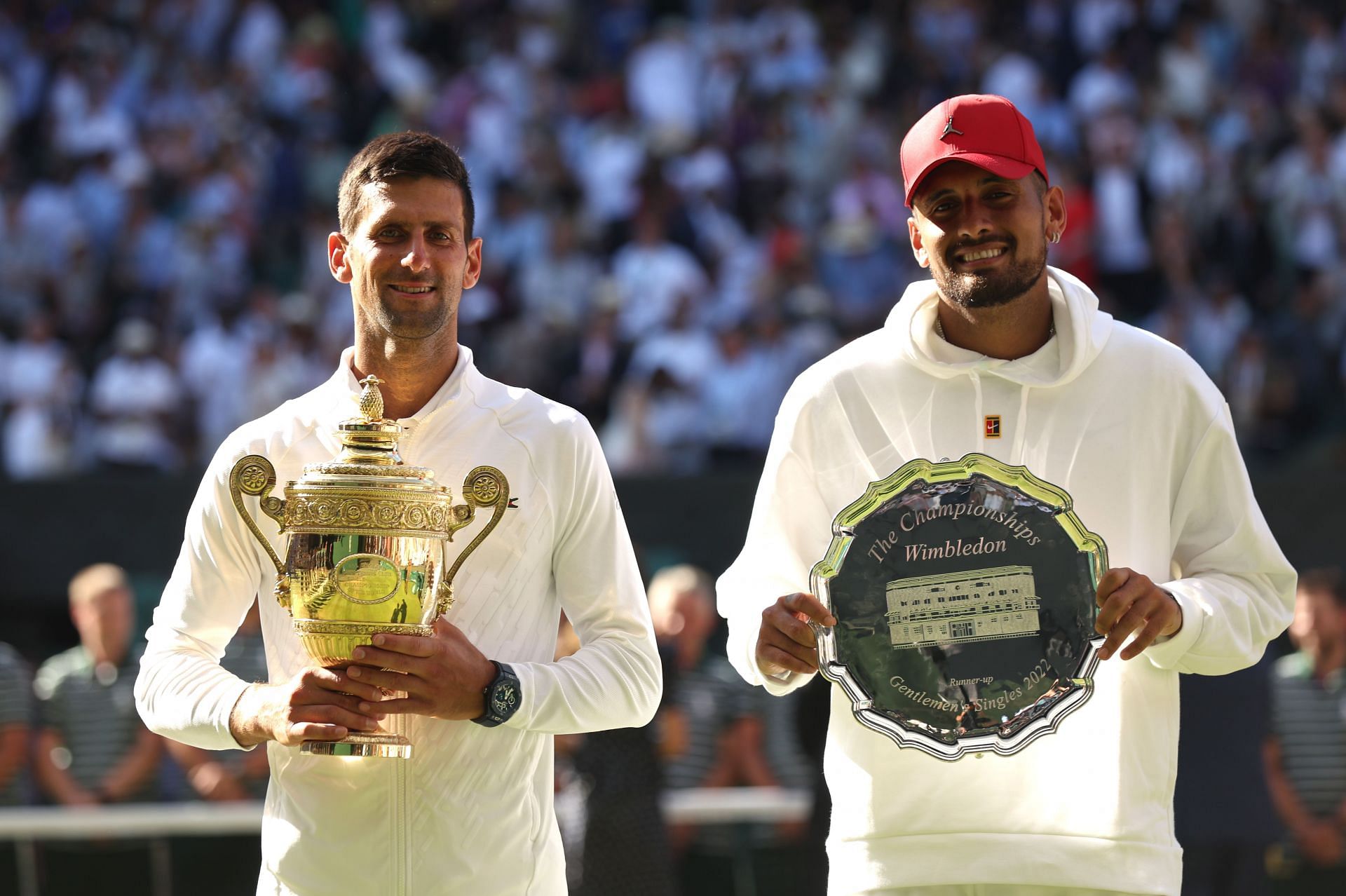 Nick Kyrgios (right) on Day Fourteen: The Championships - Wimbledon 2022