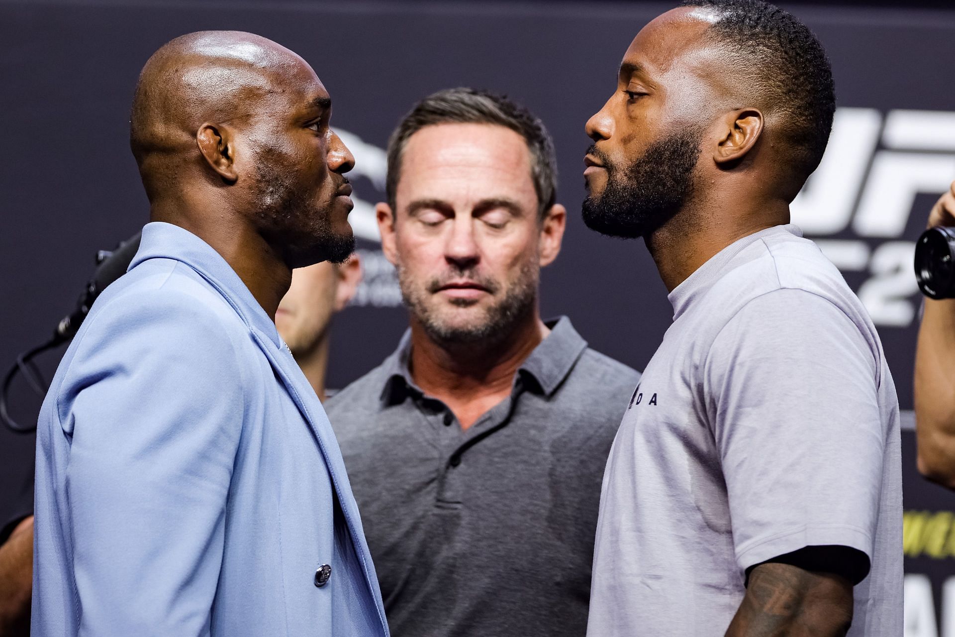 Kamaru Usman (left) and Leon Edwards (right) at the UFC 278 Press Conference Face-off