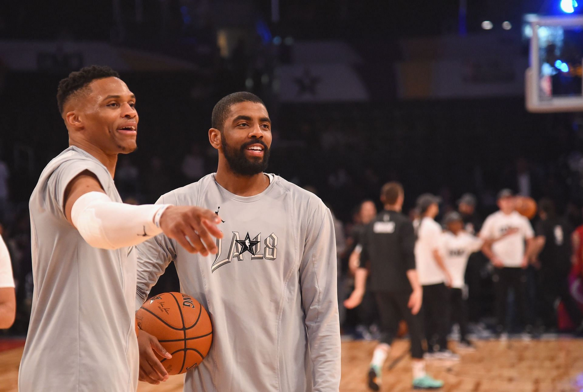 Russell Westbrook and Kyrie Irving warm up during the NBA All-Star Game 2018 at Staples Center on February 18, 2018 in Los Angeles, California.