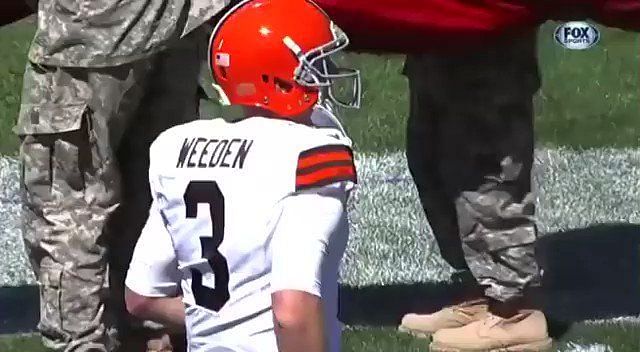 Video: Brandon Weeden enveloped by American flag during pregame