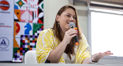 Hungarian Grandmaster Judit Polgar speaking during the 44th Chess Olympiad in Chennai. (Pic credit: AICF)