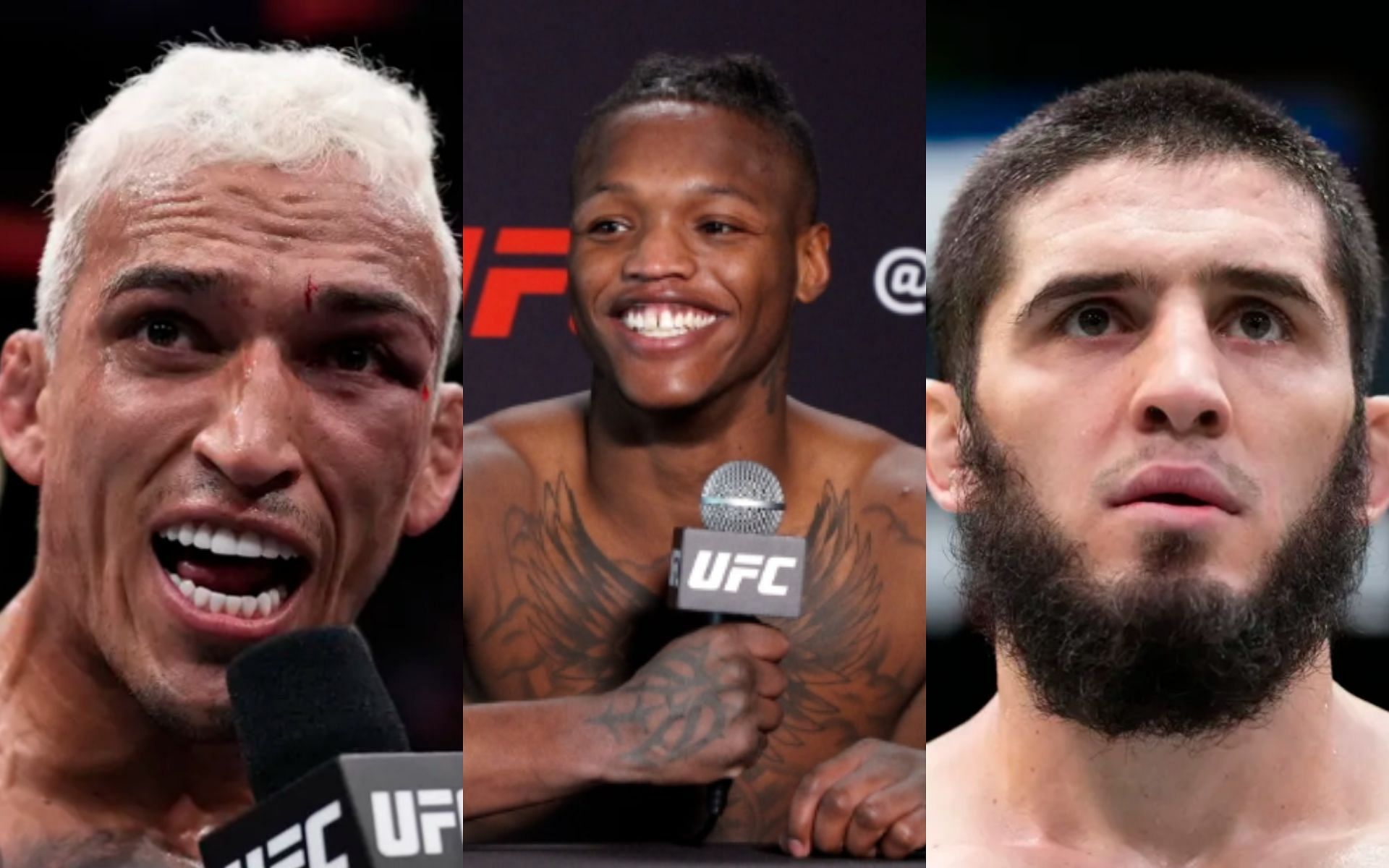 Charles Oliveira (left. Image credit: Chris Unger/Zuffa LLC), Terrance McKinney (middle. Image credit: MMAJunkie), Islam Makhachev (right. Image credit: Chris Unger/Zuffa LLC)