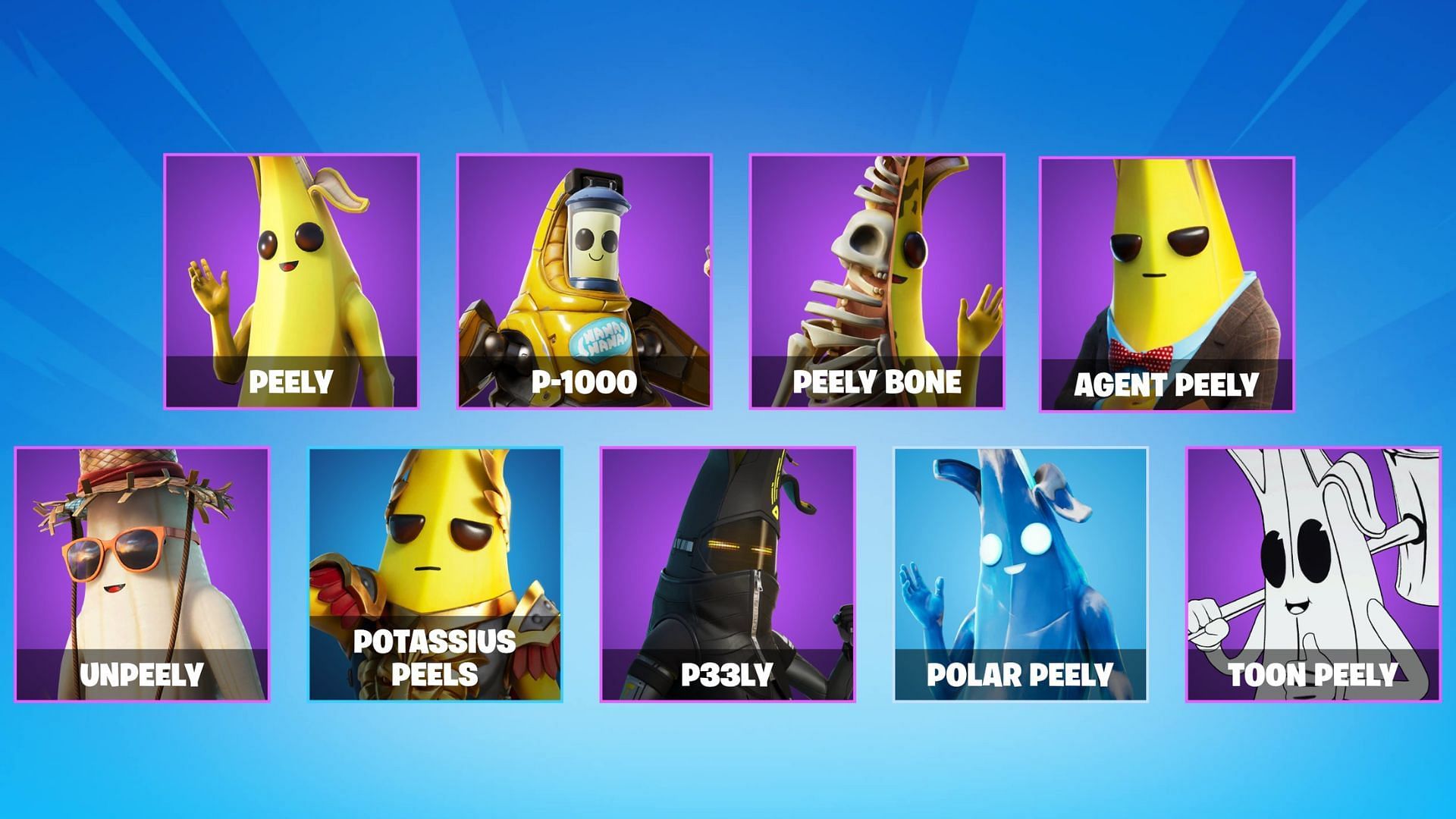 All Peely outfit styles (Image via FortniteBR/Twitter)