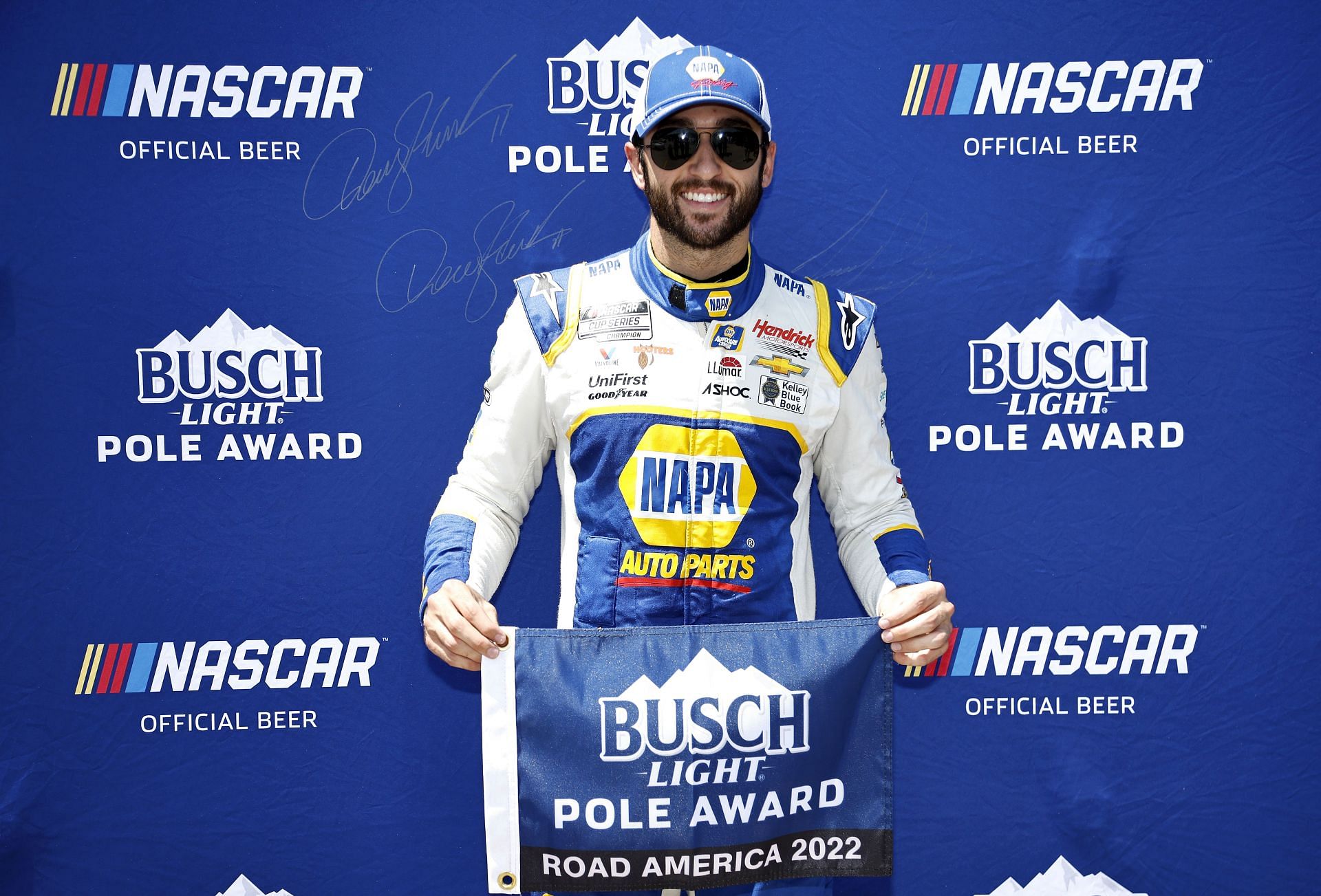 Chase Elliott poses for photos after winning the pole award during qualifying for the NASCAR Cup Series Kwik Trip 250 at Road America (Photo by Sean Gardner/Getty Images)