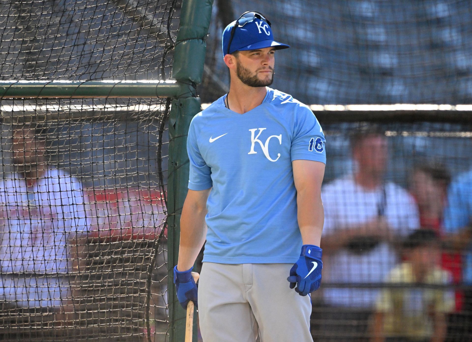 Andrew Benintendi of the Kansas City Royals warms up before the game against the Los Angeles Angels