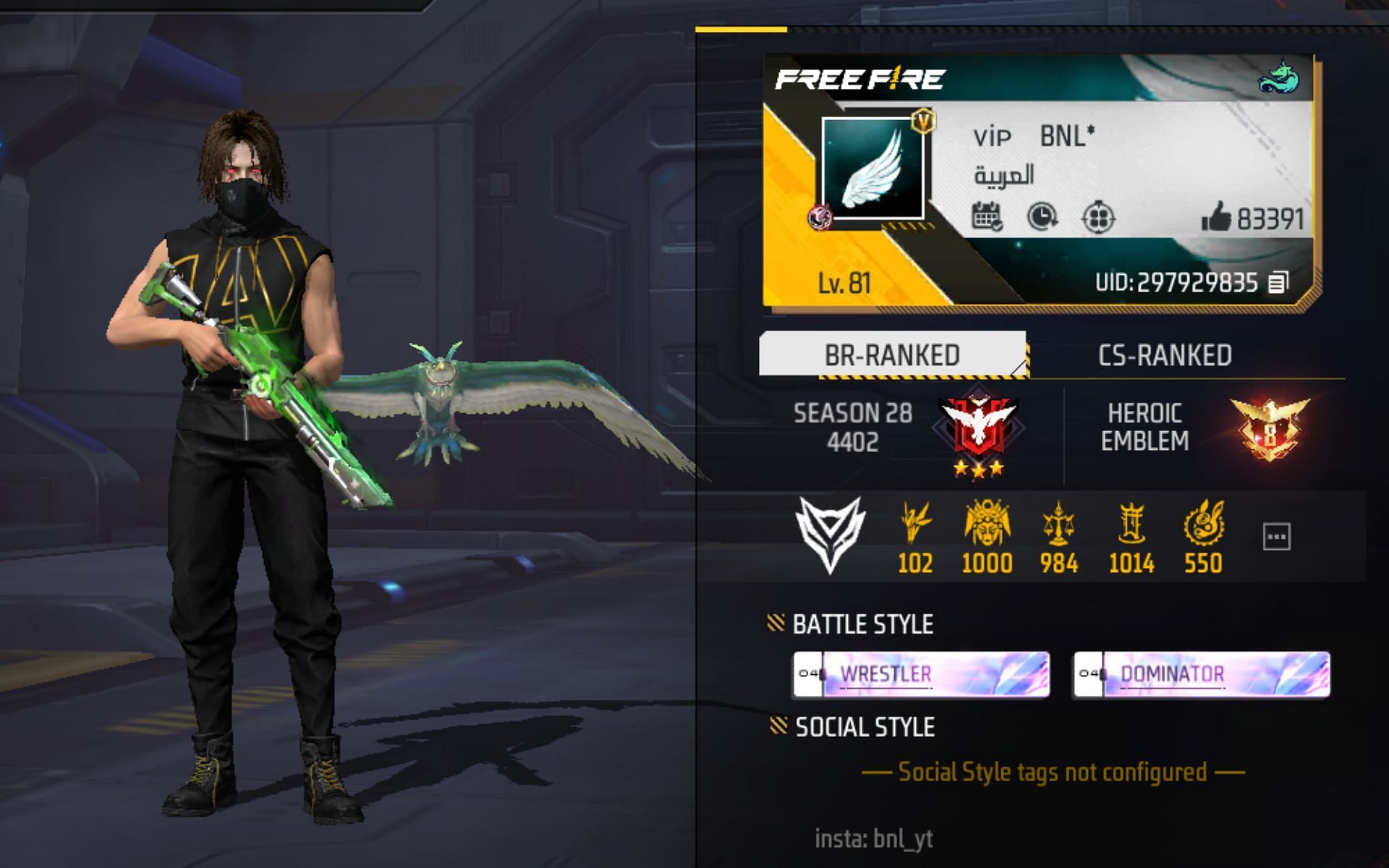 OP BNL&rsquo;s Free Fire MAX ID (Image via Garena)