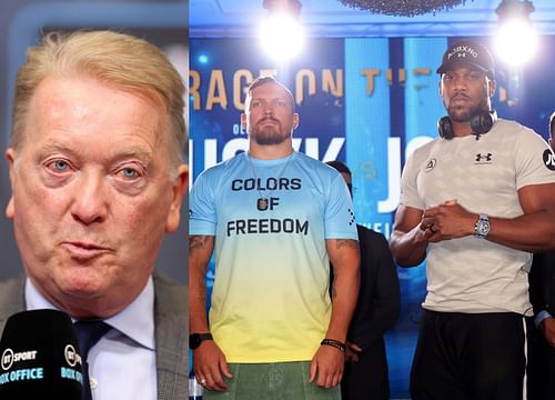 Frank Warren (L), Oleksandr Usyk (M), Anthony Joshua (R)