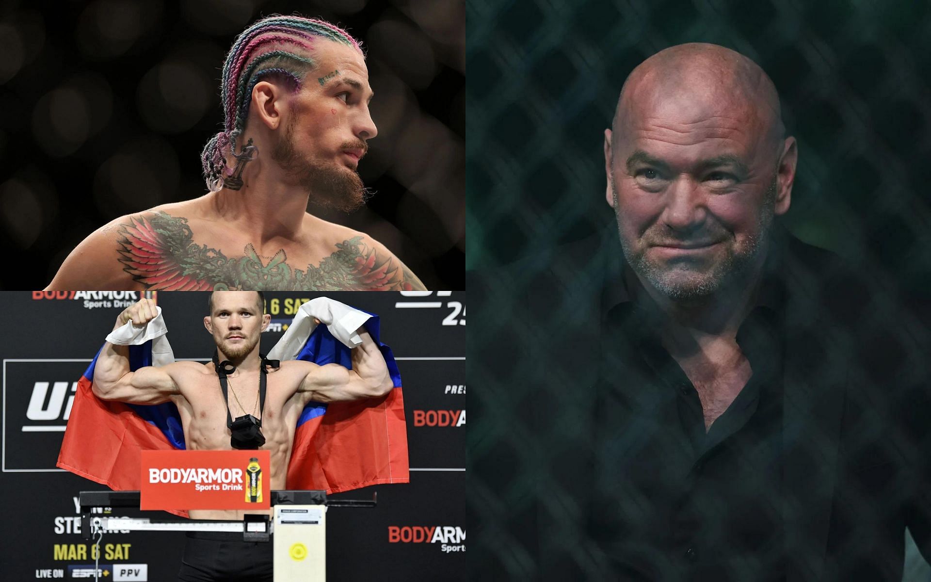Sean O&#039;Malley (Top Left), Petr Yan (Bottom Left), and Dana White (Right) (Images courtesy of Getty)