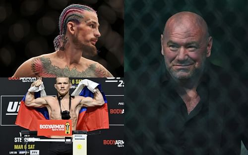 Sean O'Malley (Top Left), Petr Yan (Bottom Left), and Dana White (Right) (Images courtesy of Getty)