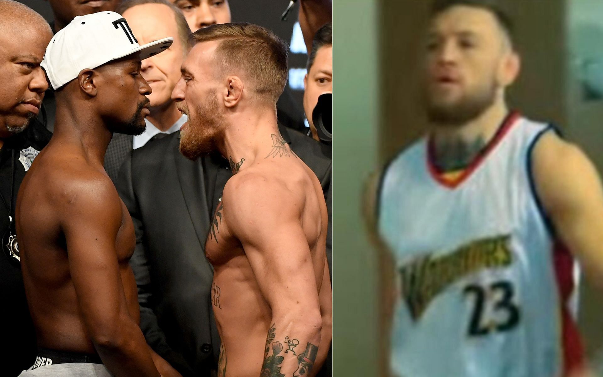 Conor McGregor vs. Floyd Mayweather (left) and Mcgregor wearing that C.J. Watson jersey (right - @money23green Instagram)