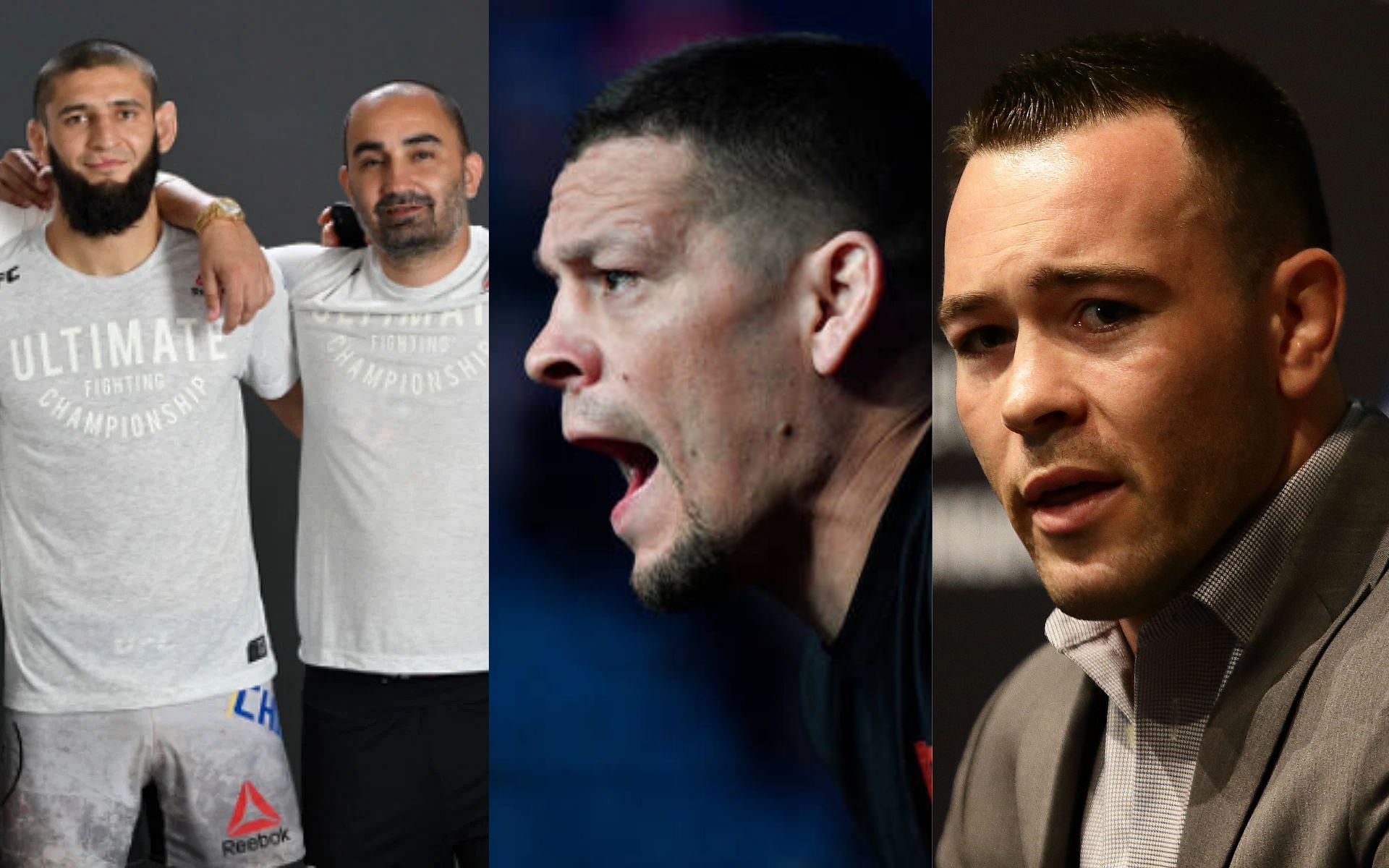Khamzat Chimaev&#039;s (far left) coach Andreas Michael (second from left) believes Nate Diaz (center) is a much bigger draw than Colby Covington (right)