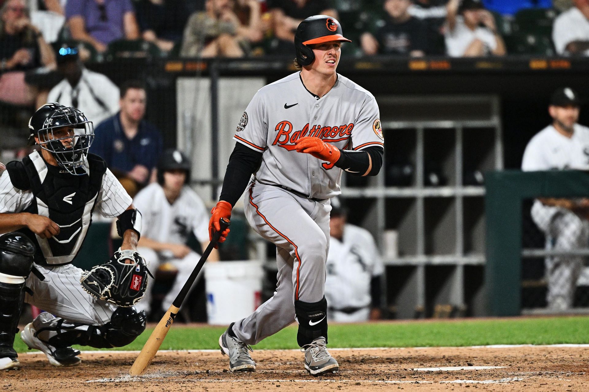 Adley Rutschman belts a double down the right field line during a Baltimore Orioles v Chicago White Sox game at Guaranteed Rate Field in Chicago, Illinois.