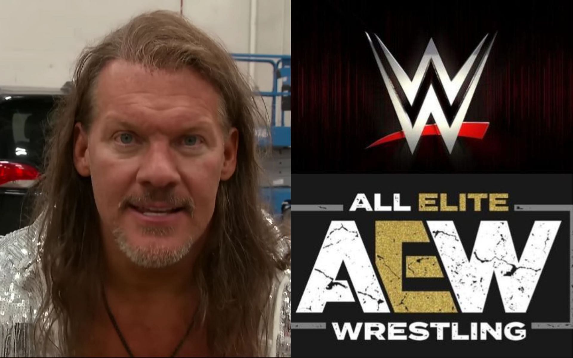 Chris Jericho (left) and AEW and WWE logos (right).