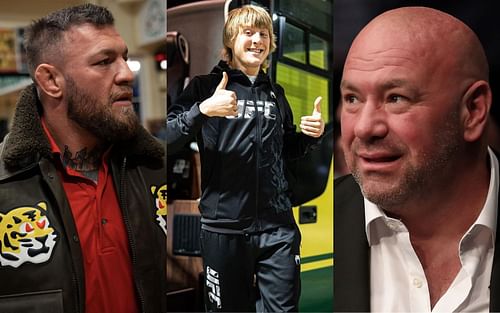 McGregor, Pimblett, and White (left, center, and right; images courtesy of @thenotoriousmma Instagram, @theufcbaddy Instagram, and Getty)