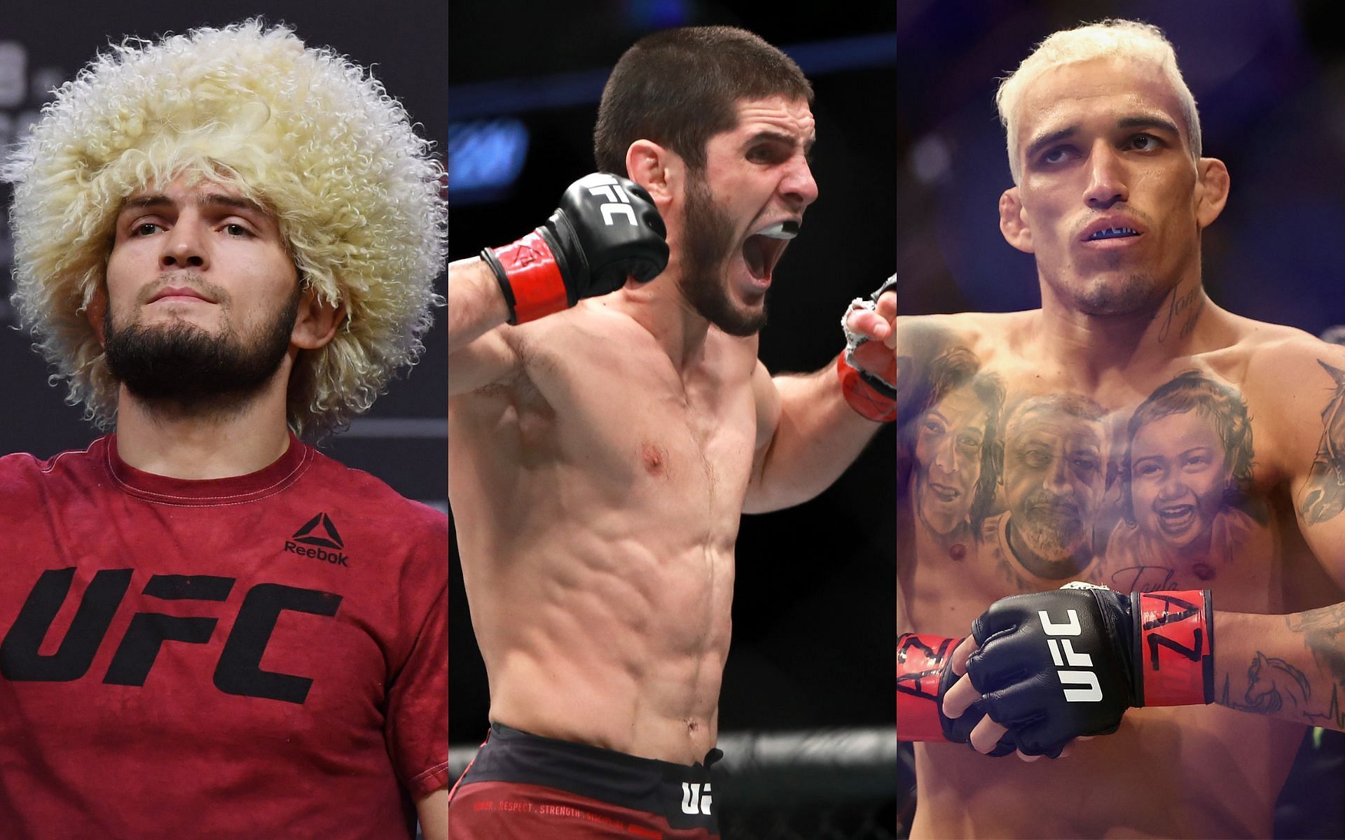 From left to right: Khabib Nurmagomedov, Islam Makhachev, and Charles Oliveira