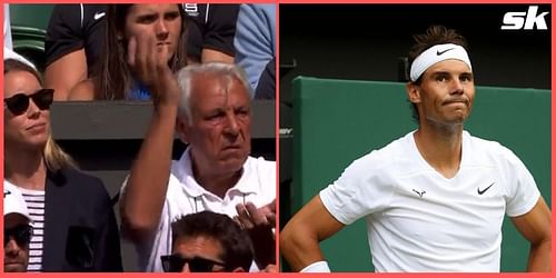 Rafael Nadal's father Sebastian gestures towards his son during his Wimbledon quarterfinal