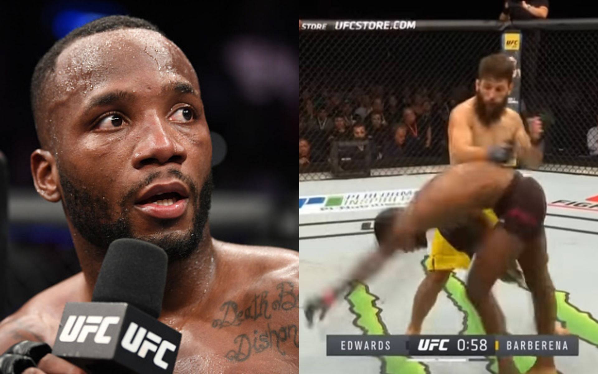 Leon Edwards (left, Image via Getty) and Bryan Barberena almost knocking Edwards out (right, Image via screenshot from YouTube video @TeamSigmaMale)