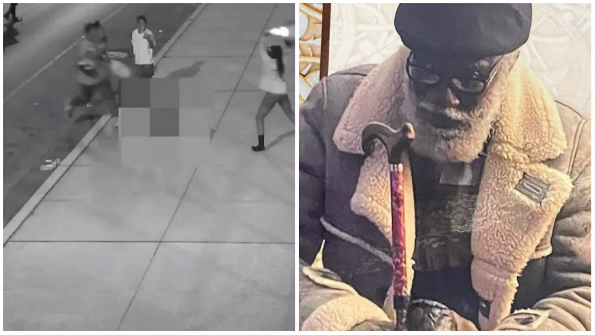 Suspects attacking Lambert with a traffic cone(right); The victim(left) (Image via Philadelphia PD/Twitter)