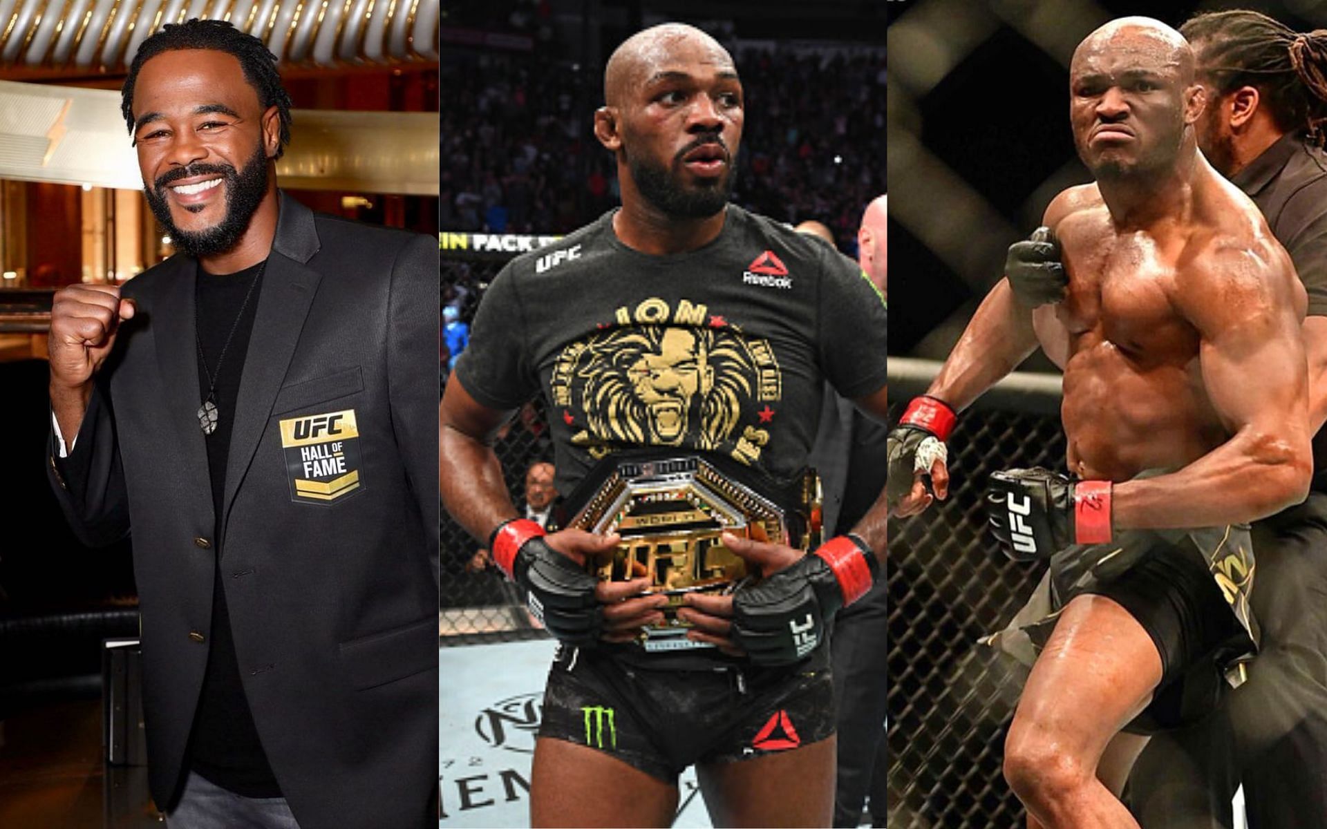 Rashad Evans (left), Jon Jones (center), Kamaru Usman (right) {images courtesy: Getty, @sugarashadevans and @usman84kg via Instagram]