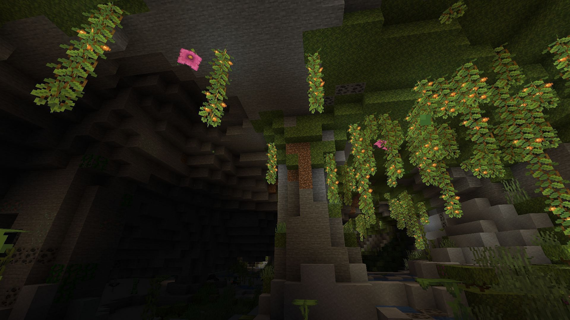 A lush cave where players can find axolotls (Image via Minecraft)