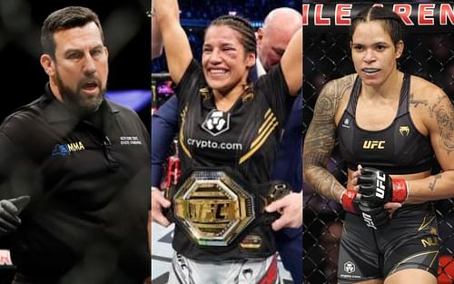 John McCarthy (left. Image credit: Esther Lin, MMA Fighting), Julianna Pena (middle. Image credit: UFC.com), Amanda Nunes (right. Image credit: UFC.com)