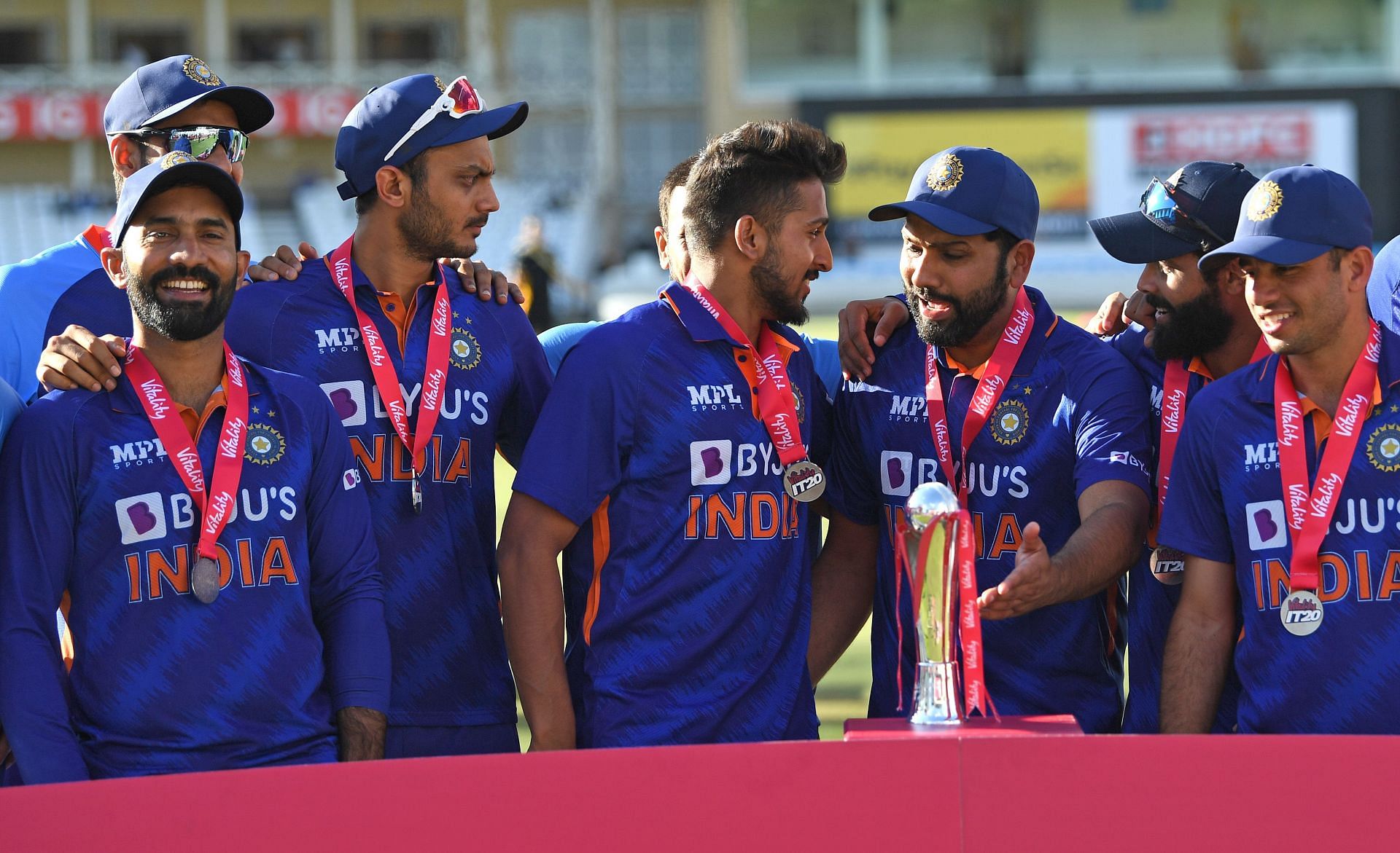 India players celebrate their T20I series win over England. Pic: Getty Images