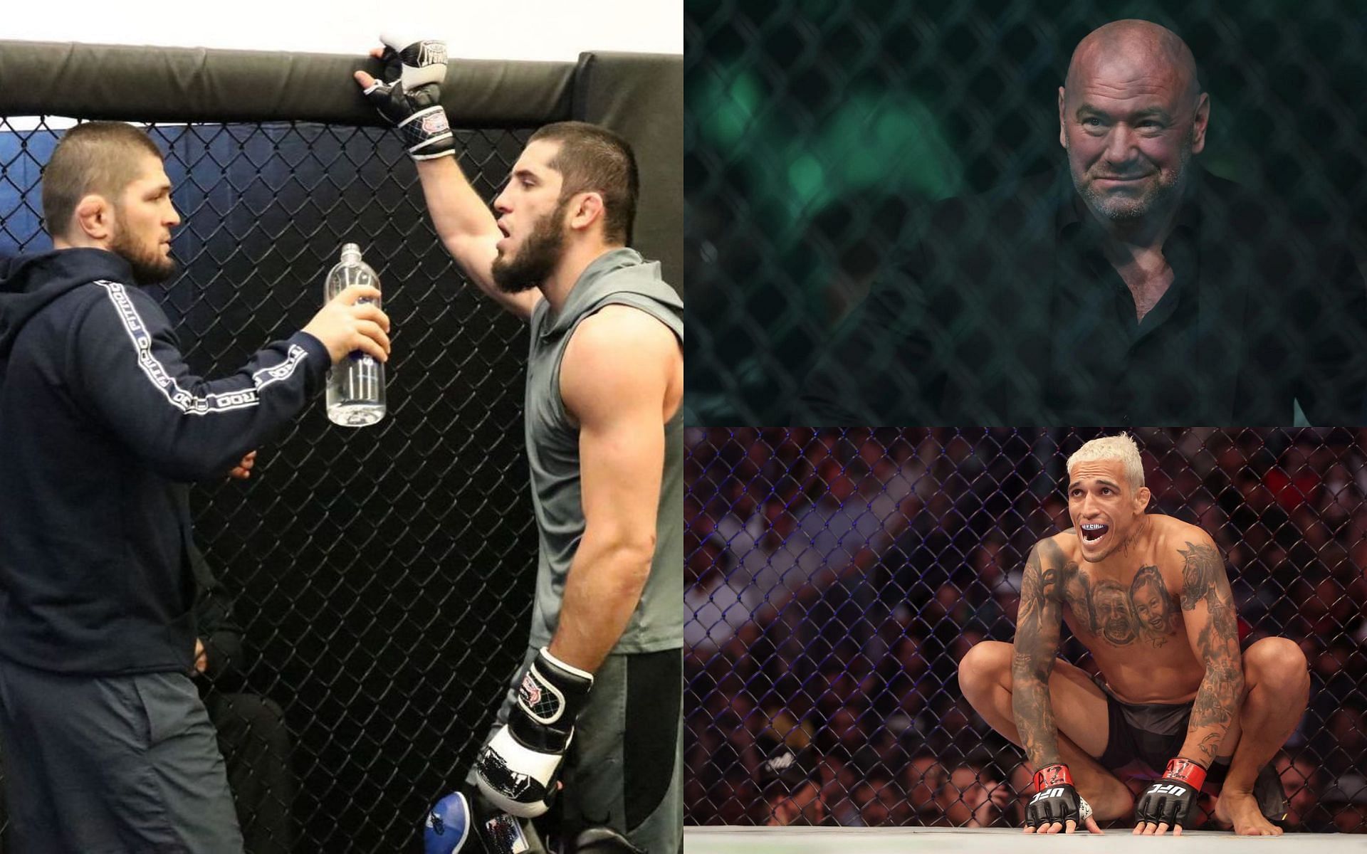 Khabib Nurmagomedov and Islam Makhachev (left), Dana White (top right) and Charles Oliveira (bottom right) [Images courtesy of islam_makhachev Instagram and Getty]