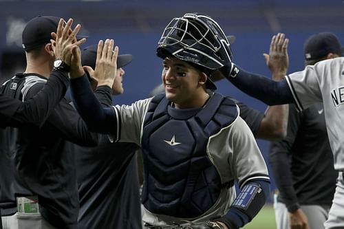 Jose Trevino of the New York Yankees celebrates a win over the Tampa Bay Rays