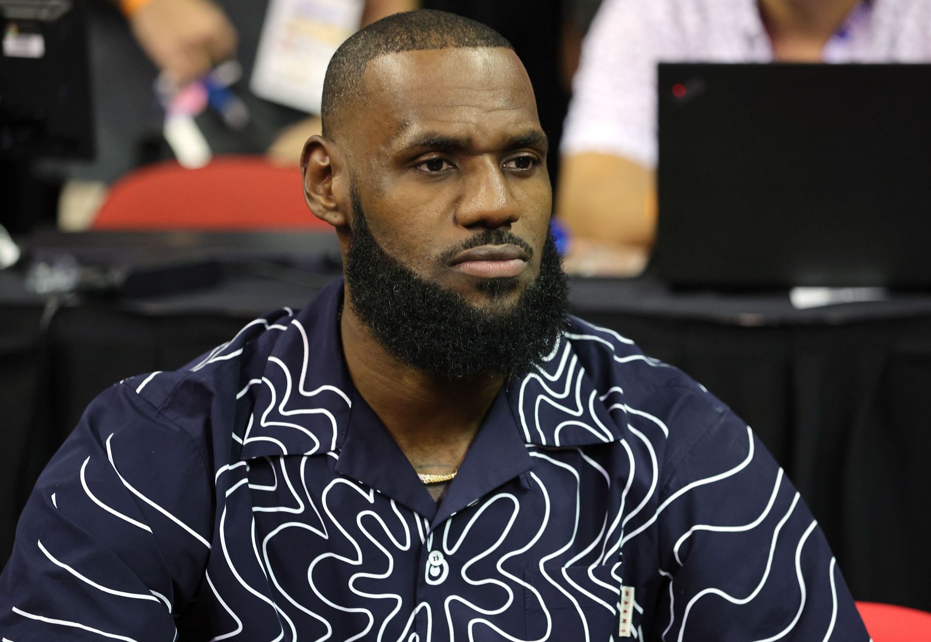 LeBron James of the Los Angeles Lakers attends a game between the Lakers and the Phoenix Suns during the 2022 NBA Summer League at the Thomas &amp; Mack Center on July 08, 2022 in Las Vegas, Nevada.