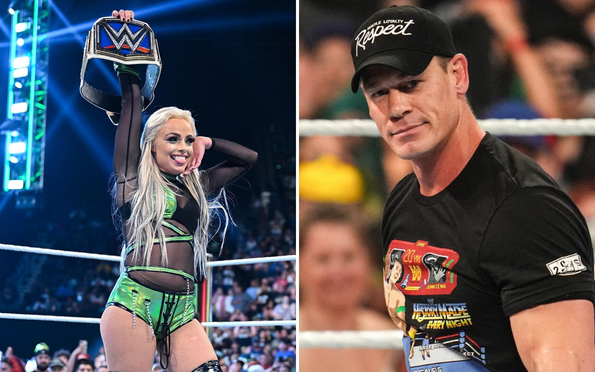 Liv Morgan (left); John Cena (right)