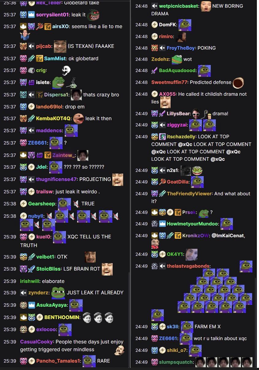 Fans in the Twitch chat reacting to the streamer&#039;s take (Image via xQc/Twitch)