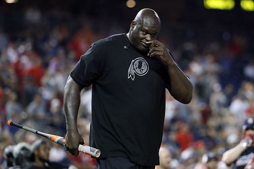 Shaquille O'Neal bats during the All-Star and Legends Celebrity Softball Game at Nationals Park on July 15, 2018, in Washington, DC