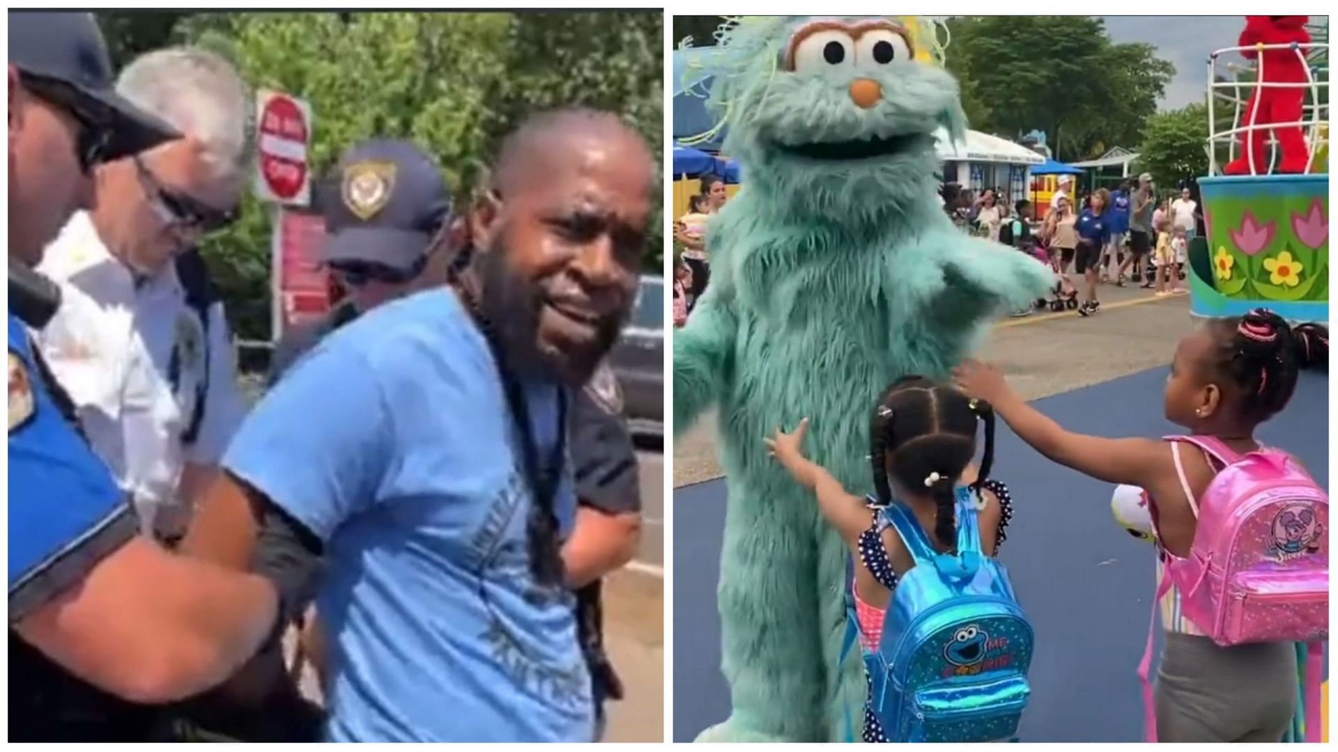 Two men were arrested for protesting outside Sesame Place (Image via Alicia Roberts/Twitter and @_jodi_/Instagram)