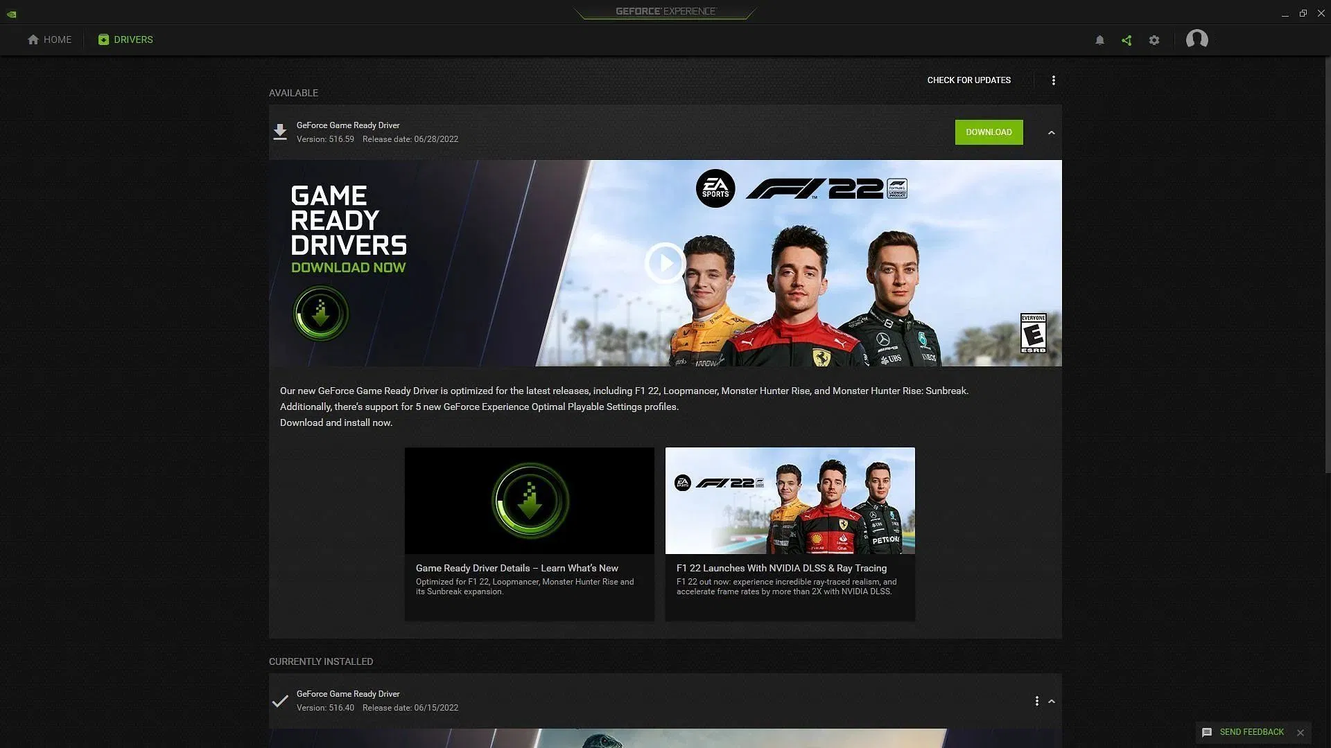 Driver updates in Nvidia Geforce Experience software (Image via Sportskeeda)