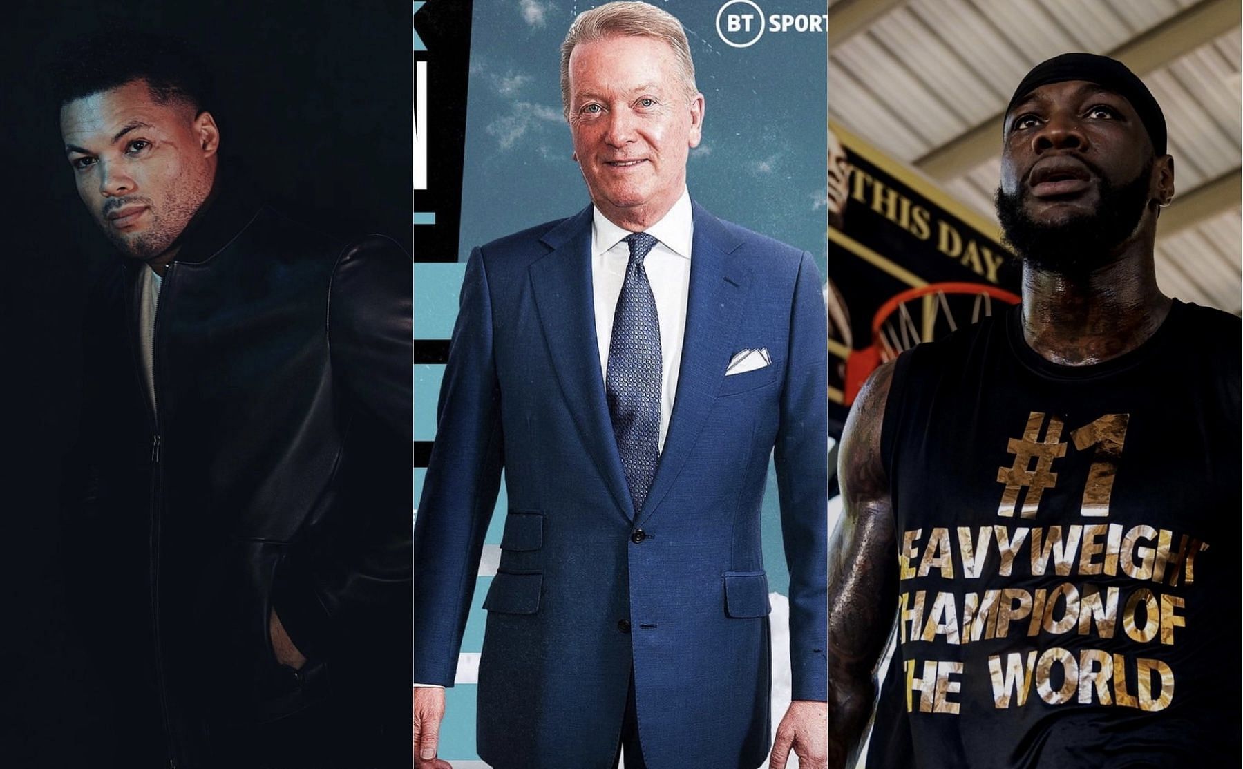 Joe Joyce (left), Frank Warren (middle), Deontay Wilder (right) - Images via @joejoyceboxing, @btsportboxing @bronzebomber on Instagram