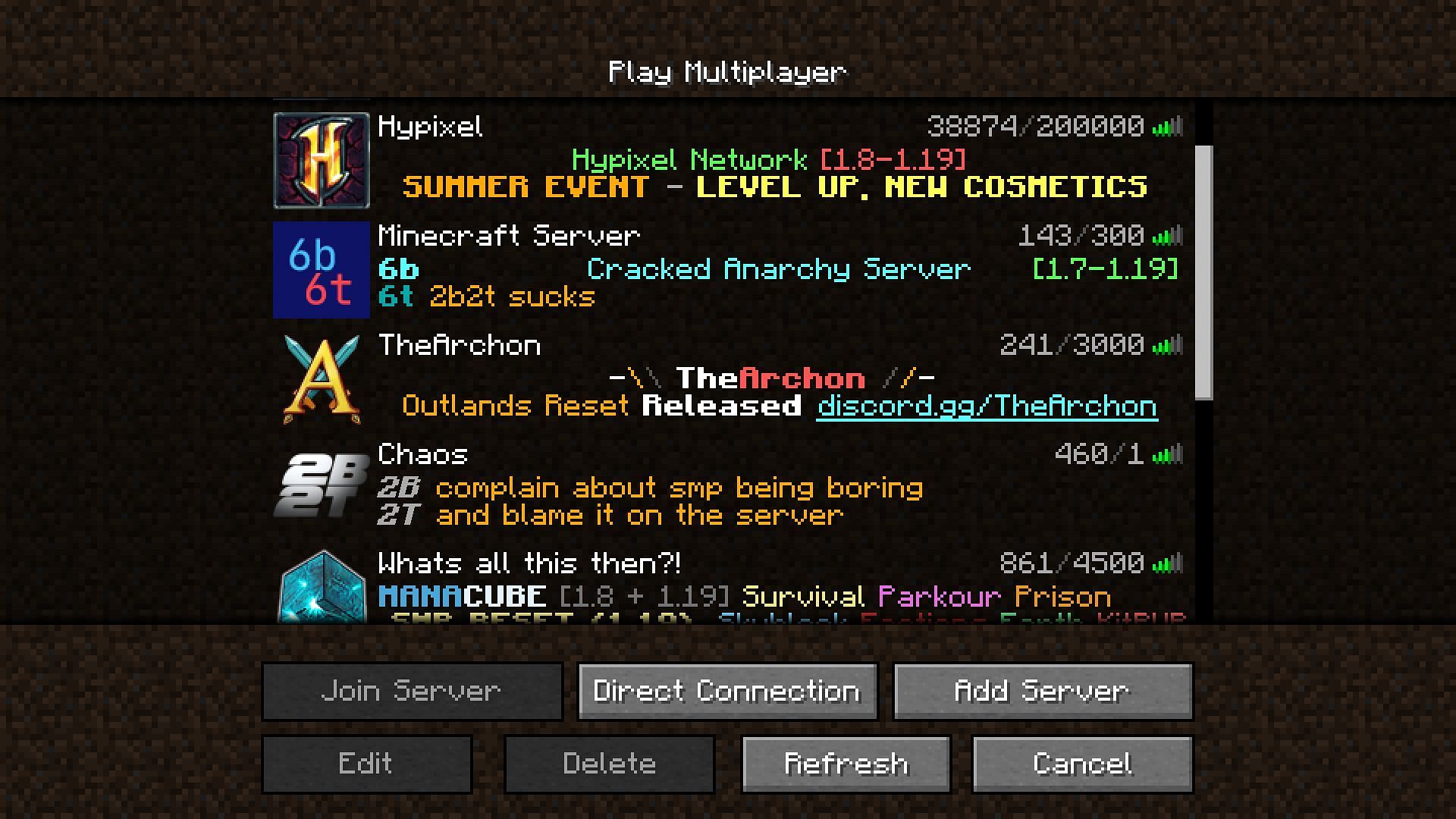 List of some multiplayer servers that gamers can join (Image via Minecraft 1.19 update)