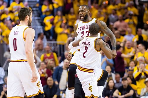 Toronto Raptors v Cleveland Cavaliers - Game One; LeBron James celebrates with Kyrie Irving back in 2016