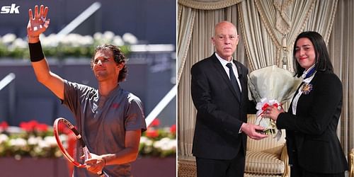 Dominic Thiem (L) and Ons Jabeur with the Tunisian president (R)