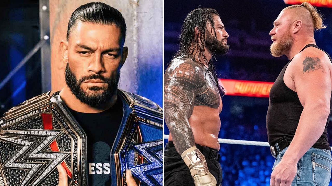 Roman Reigns (left); Reigns and Lesnar face off in the ring (right)